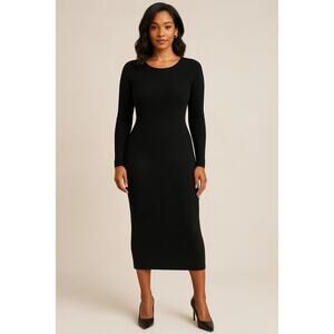 New with Tags LPA Black Ribbed Sweater Dress Long Sleeve Fitted Knit Crew Neck M